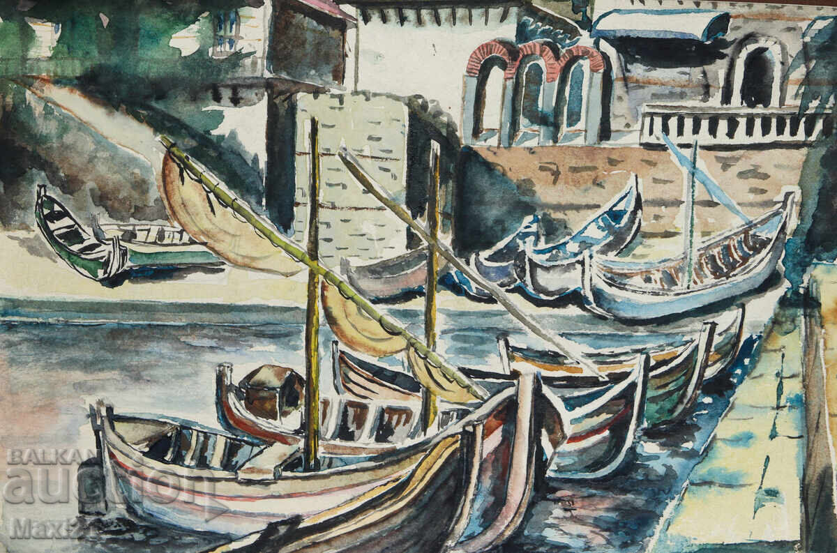 Auction  Old watercolor painting landscape boats