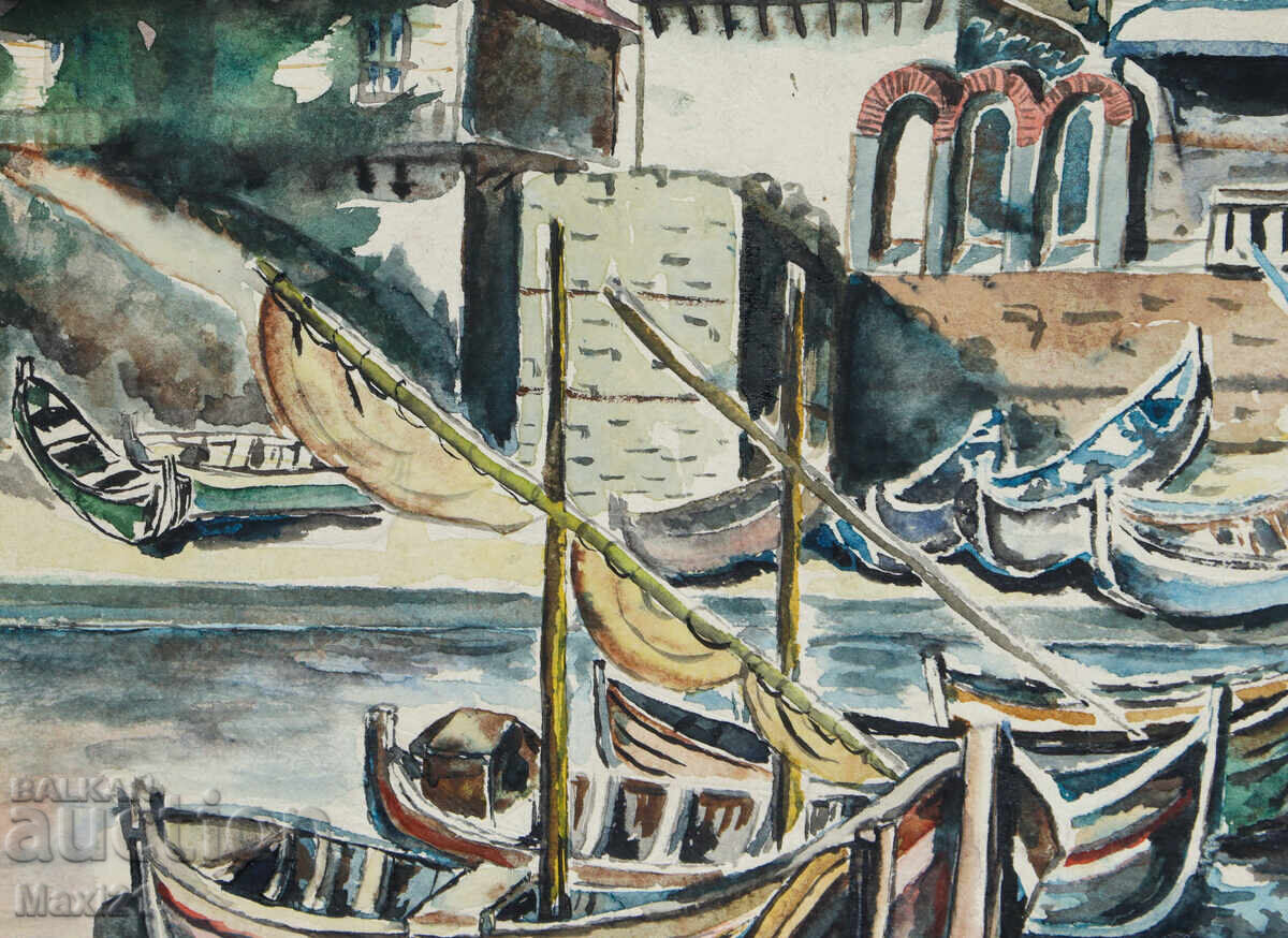 Delivery of Old watercolor painting landscape boats