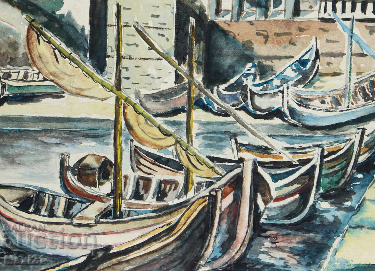 Old watercolor painting landscape boats - 5