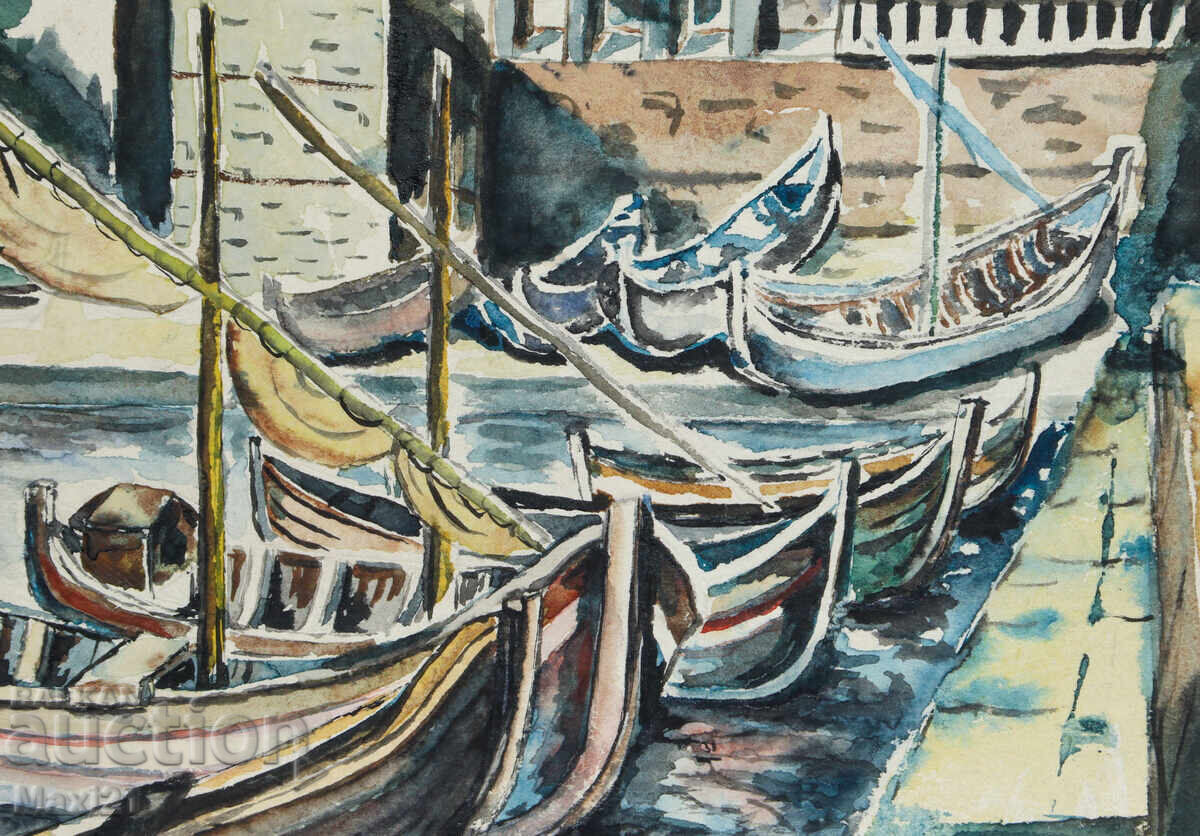 Old watercolor painting landscape boats - 6