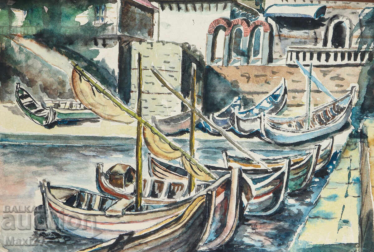 Old watercolor painting landscape boats