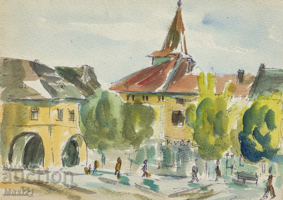 Tablou peisaj acuarelă piață urbană 1987 cu preț 120.00 BGN | € 61.36