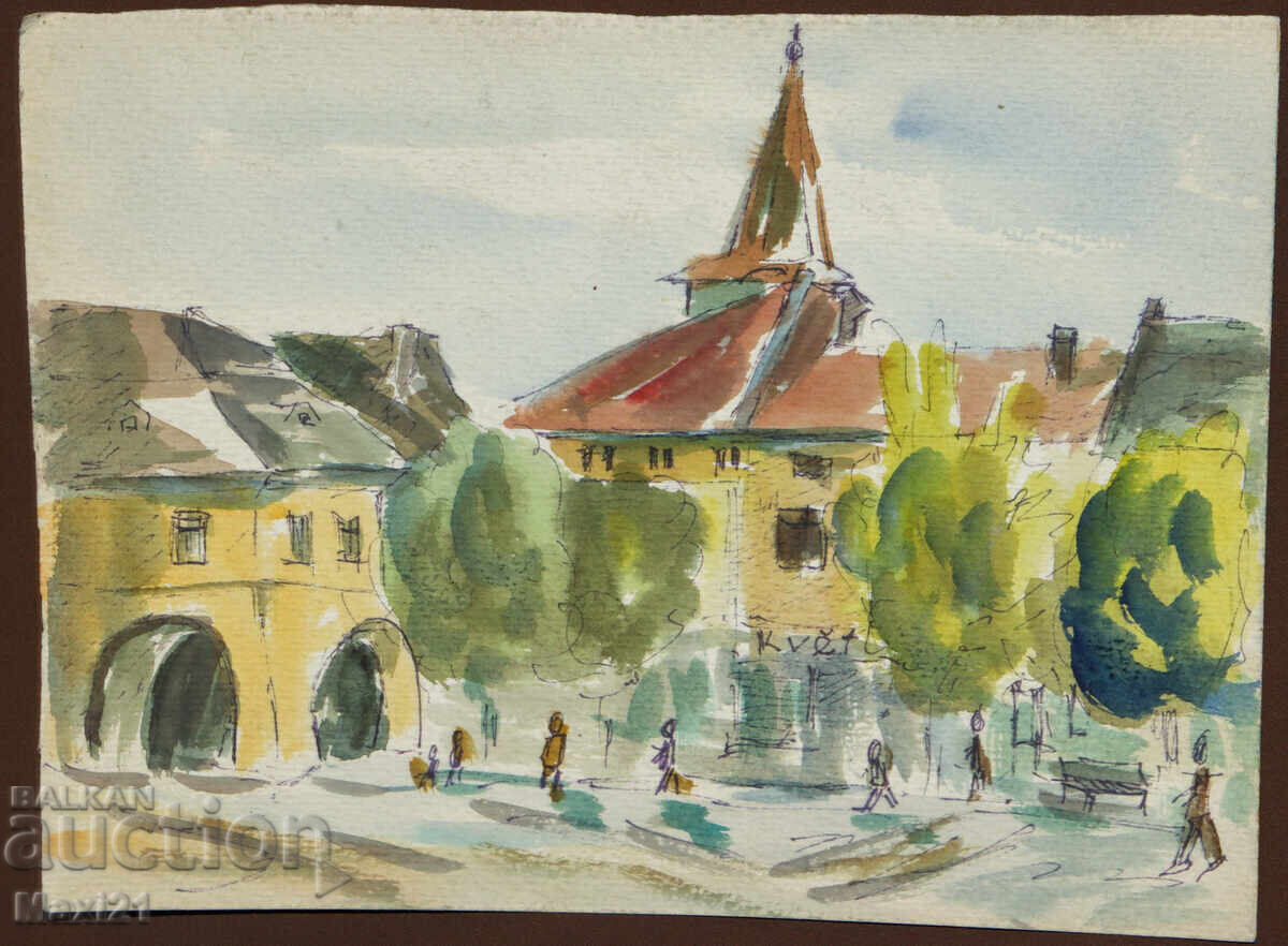 Licitație Tablou peisaj acuarelă piață urbană 1987