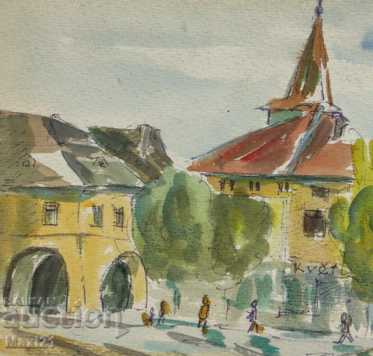 Livrarea Tablou peisaj acuarelă piață urbană 1987