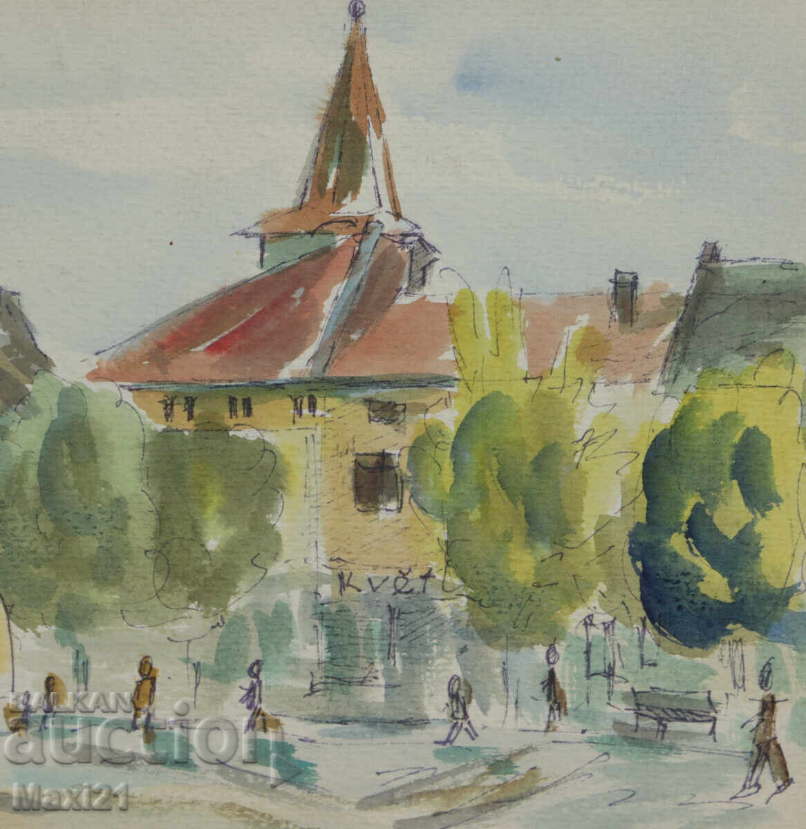 Tablou peisaj acuarelă piață urbană 1987 - 5