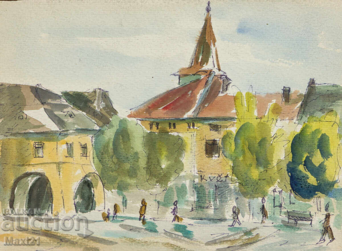 Tablou peisaj acuarelă piață urbană 1987