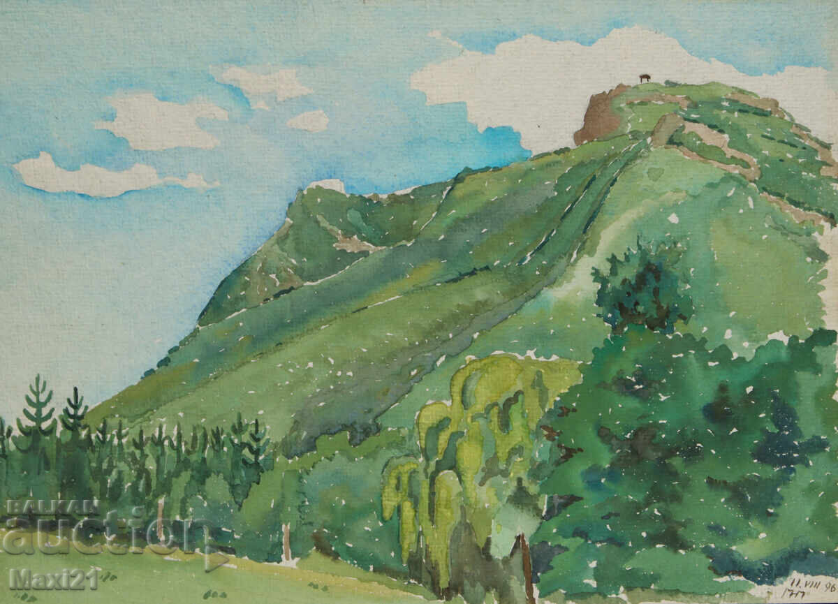 Landscape painting mountain, watercolor signed 1961
