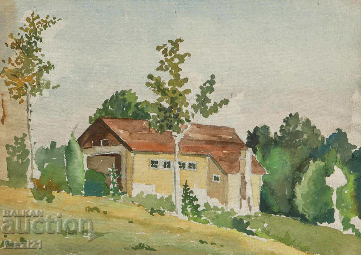 Pictură veche acuarelă peisaj