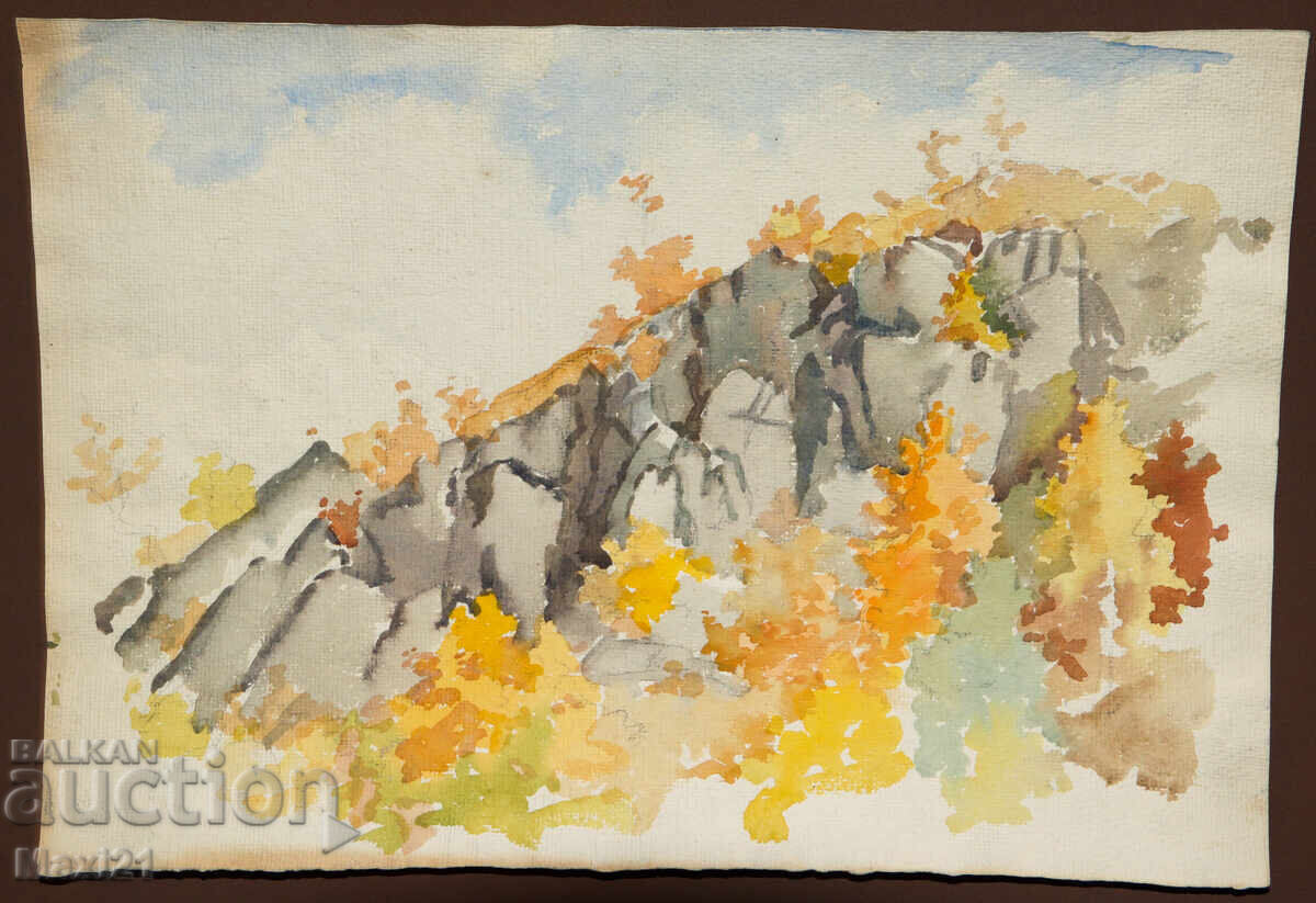 Pictură veche acuarelă peisaj toamnă frumoasă cu preț 160.00 BGN | € 81.81
