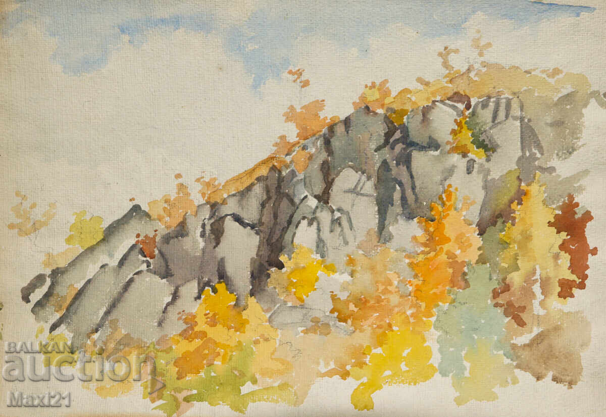 Licitație Pictură veche acuarelă peisaj toamnă frumoasă