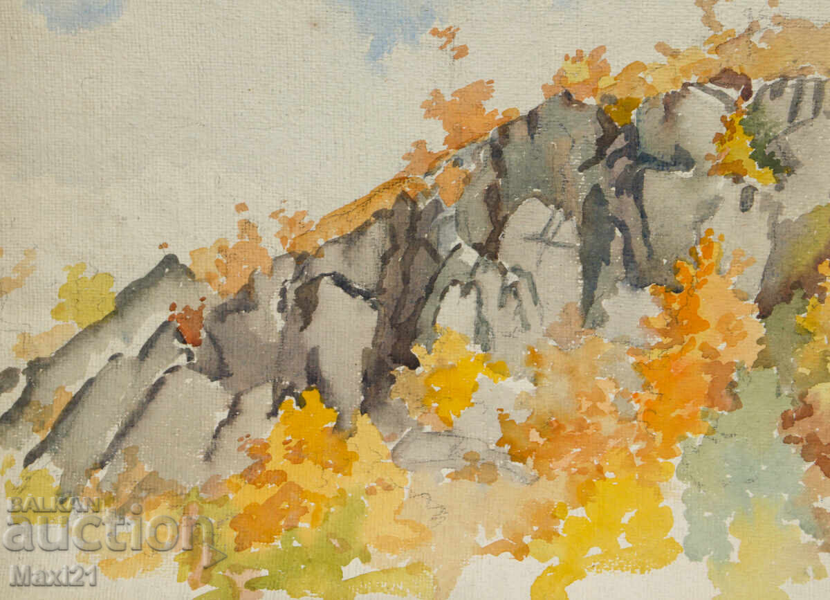 Pictură veche acuarelă peisaj toamnă frumoasă - 5