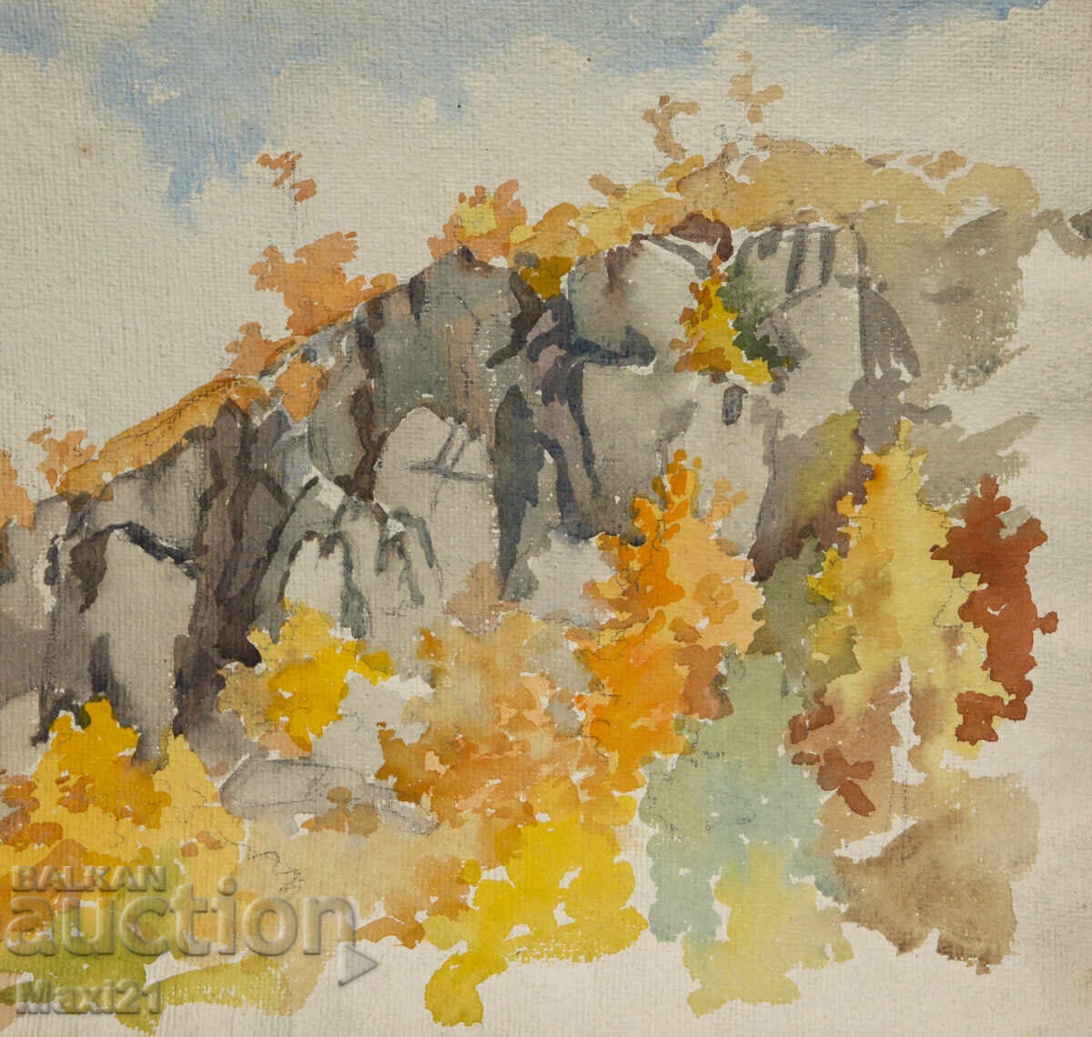 Pictură veche acuarelă peisaj toamnă frumoasă - 6