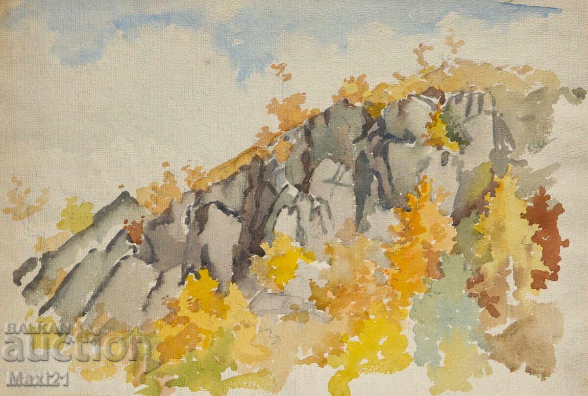 Pictură veche acuarelă peisaj toamnă frumoasă