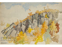 Pictură veche acuarelă peisaj toamnă frumoasă