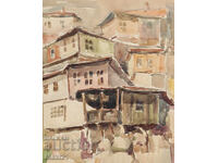 Παλαιό έργο ζωγραφικής με ακουαρέλα, αστικό τοπίο, σπίτια