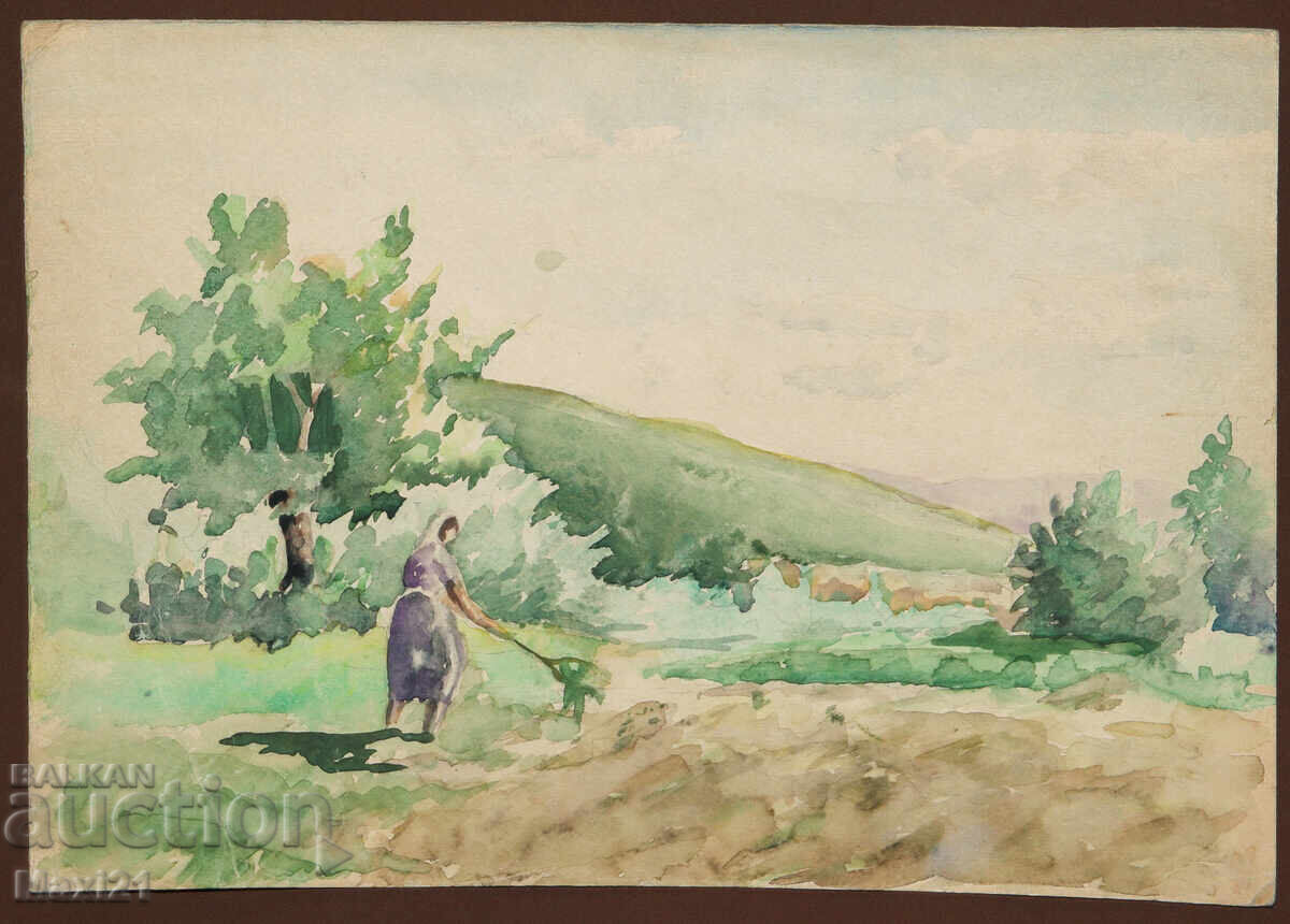 Tablou vechi acuarelă scenă de viață cotidiană cu preț 120.00 BGN | € 61.36