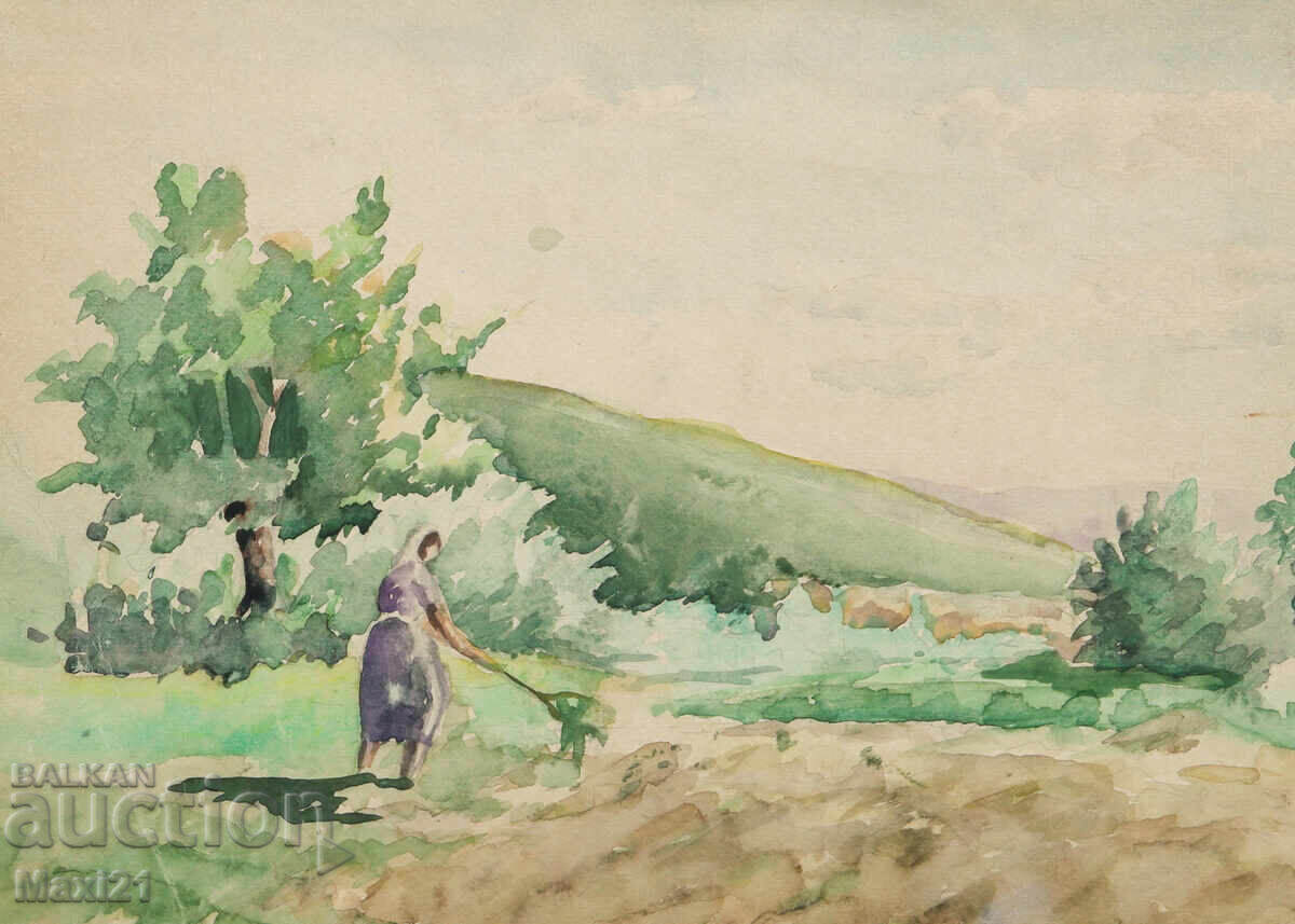 Licitație Tablou vechi acuarelă scenă de viață cotidiană