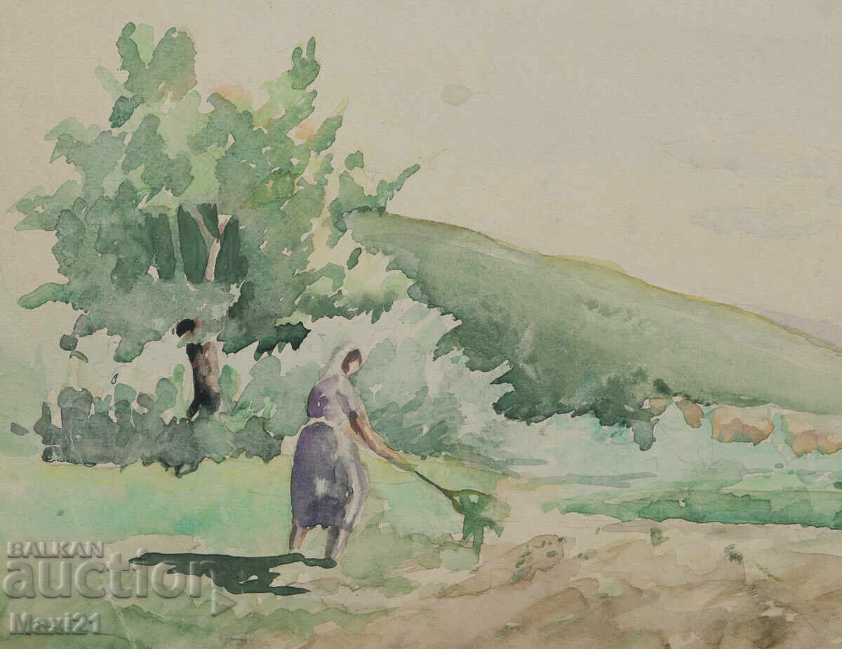 Livrarea Tablou vechi acuarelă scenă de viață cotidiană