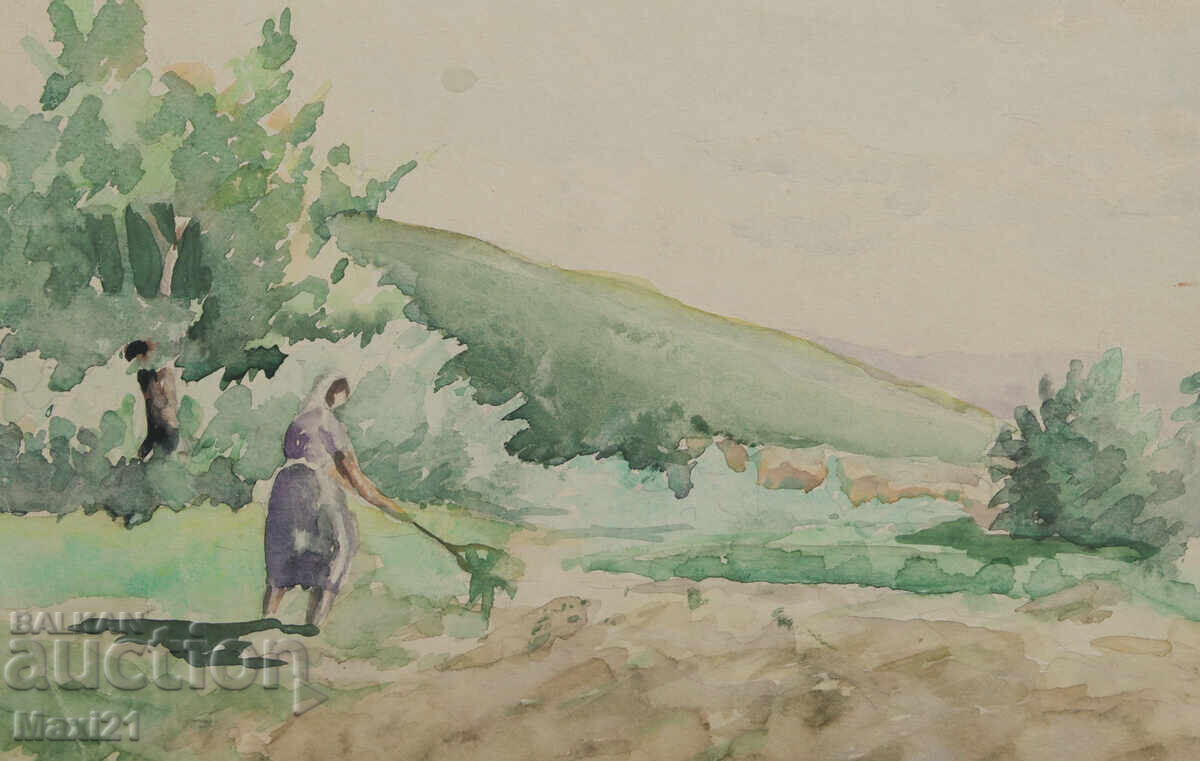 Tablou vechi acuarelă scenă de viață cotidiană - 5