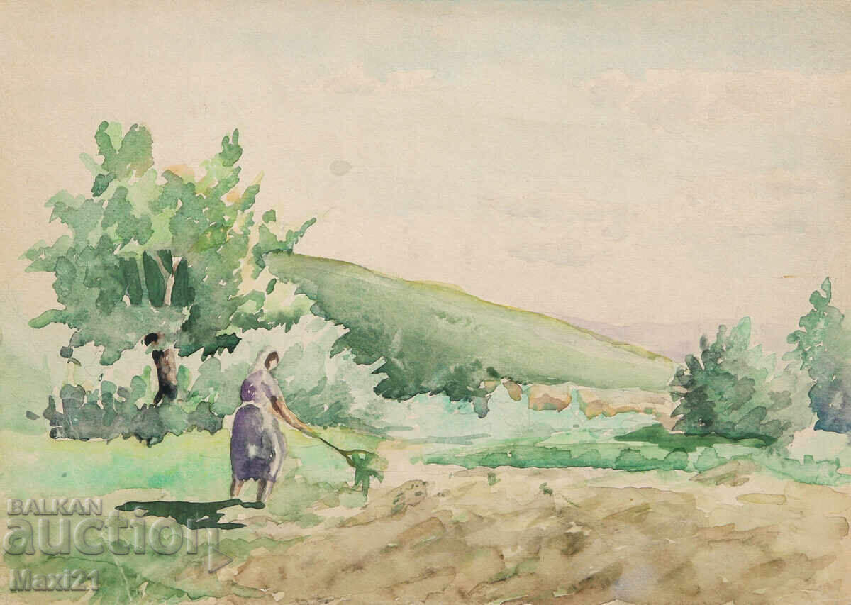 Tablou vechi acuarelă scenă de viață cotidiană