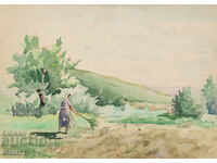 Παλαιό έργο ζωγραφικής με ακουαρέλα, σκηνή καθημερινότητας