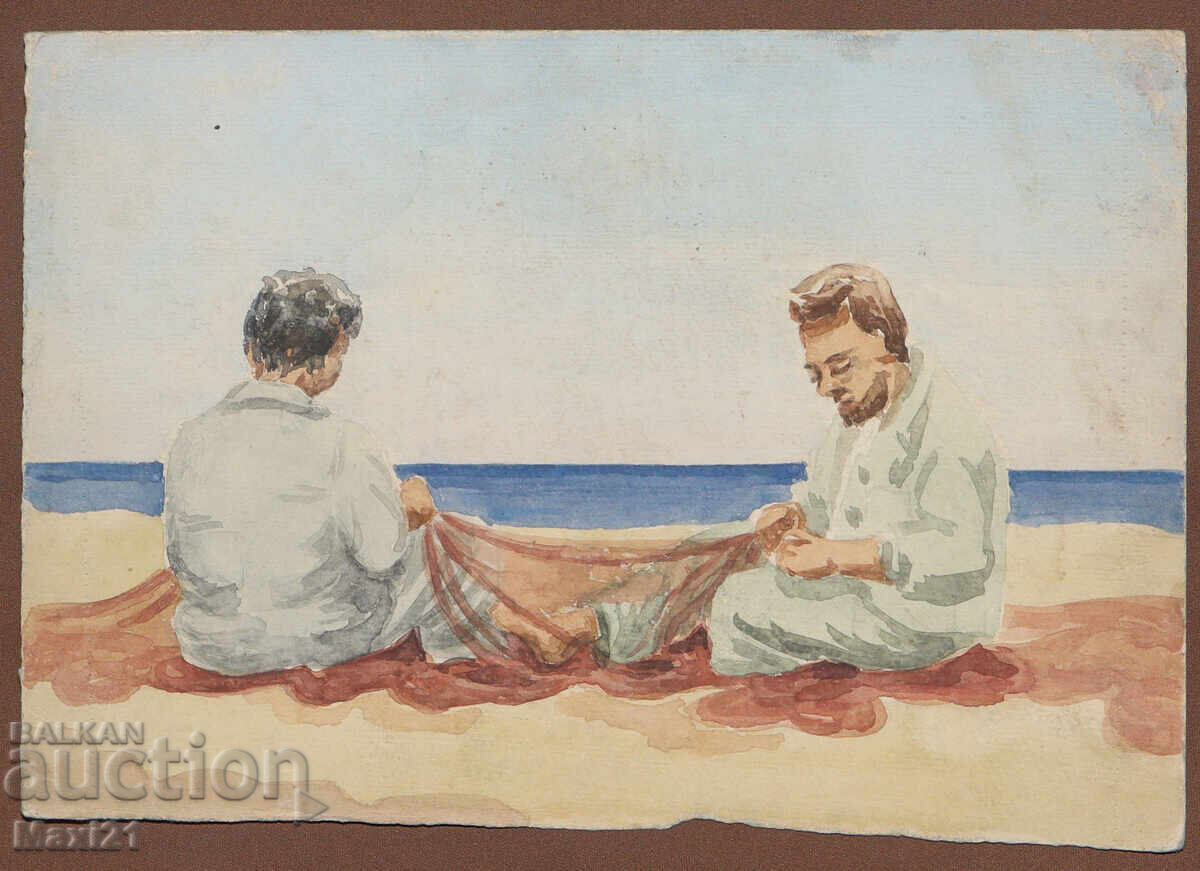 Old watercolor painting, genre scene, Sozopol 1964 with price 120.00 BGN | € 61.36
