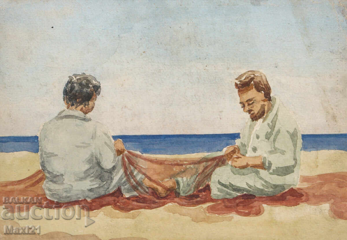Auction  Old watercolor painting, genre scene, Sozopol 1964