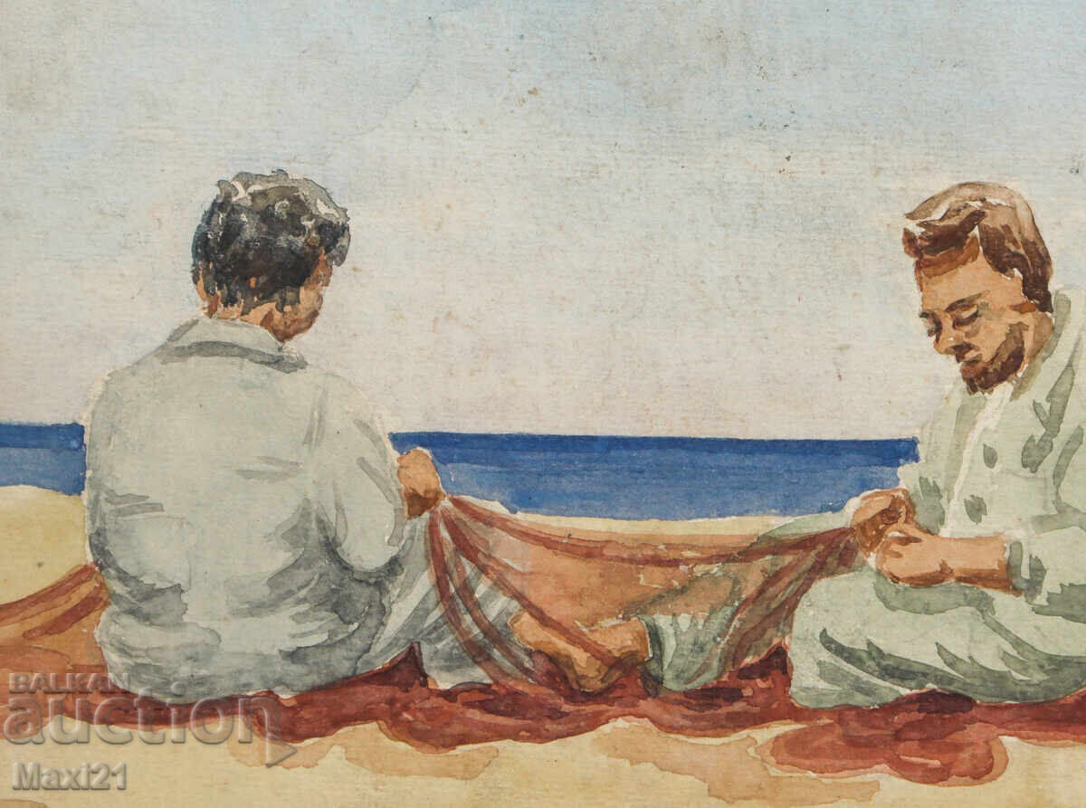 Delivery of Old watercolor painting, genre scene, Sozopol 1964