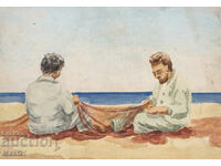 Old watercolor painting, genre scene, Sozopol 1964