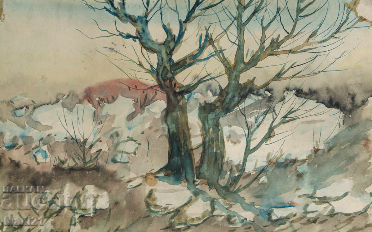 Licitație Pictură veche acuarelă peisaj natural