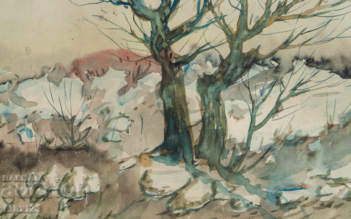 Pictură veche acuarelă peisaj natural - 5