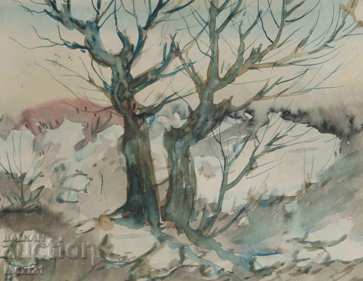 Pictură veche acuarelă peisaj natural - 6