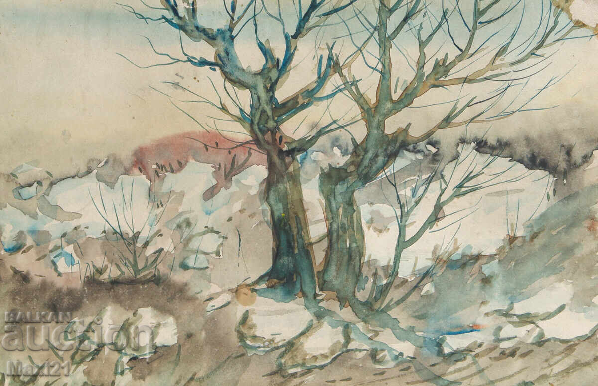 Pictură veche acuarelă peisaj natural