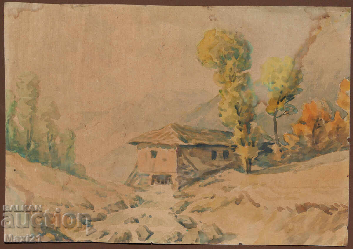 Παλαιό έργο ζωγραφικής με ακουαρέλα, τοπίο, σπίτι στο βουνό με τιμή 140.00 BGN | € 71.58