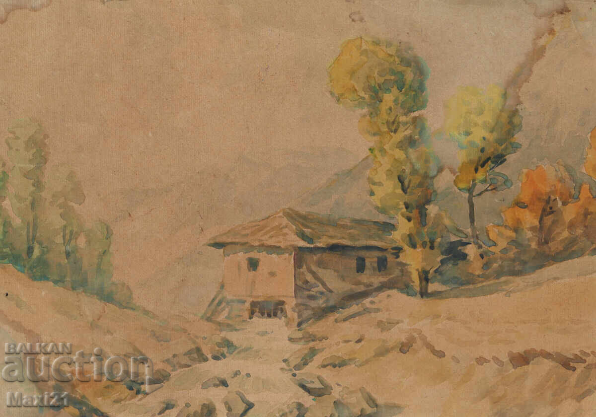 Δημοπρασία Παλαιό έργο ζωγραφικής με ακουαρέλα, τοπίο, σπίτι στο βουνό