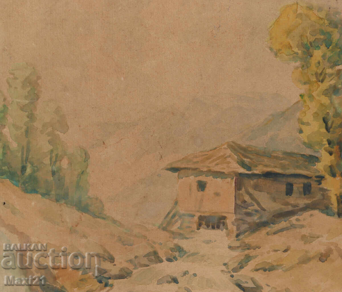 Παράδοση Παλαιό έργο ζωγραφικής με ακουαρέλα, τοπίο, σπίτι στο βουνό