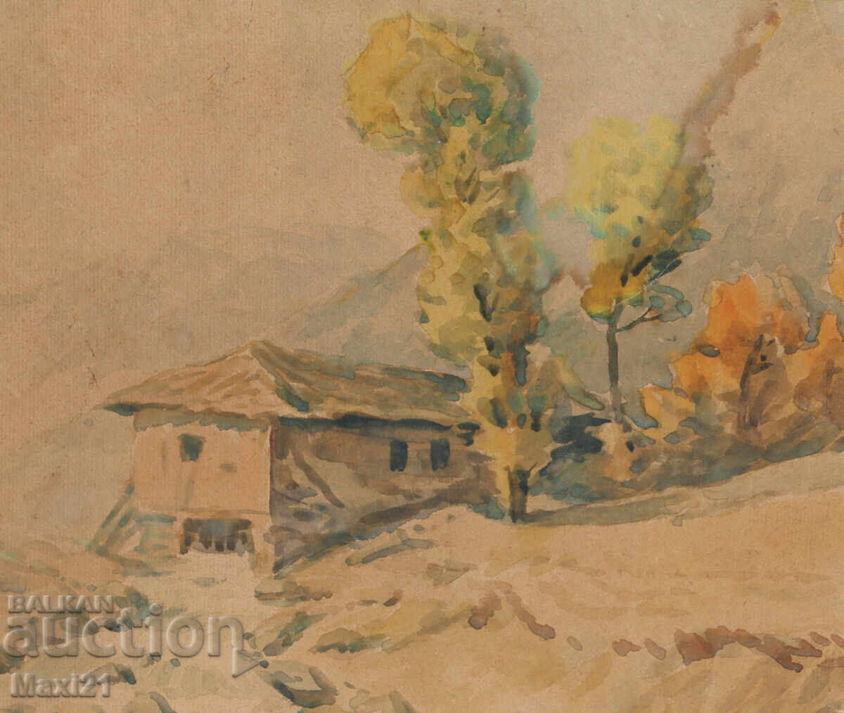 Παλαιό έργο ζωγραφικής με ακουαρέλα, τοπίο, σπίτι στο βουνό - 5