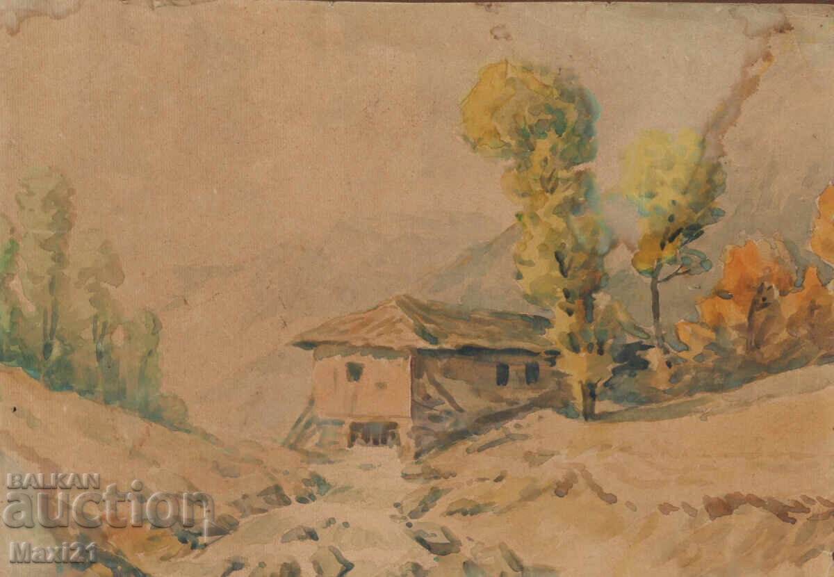 Παλαιό έργο ζωγραφικής με ακουαρέλα, τοπίο, σπίτι στο βουνό