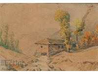 Old watercolor painting landscape house in the mountains