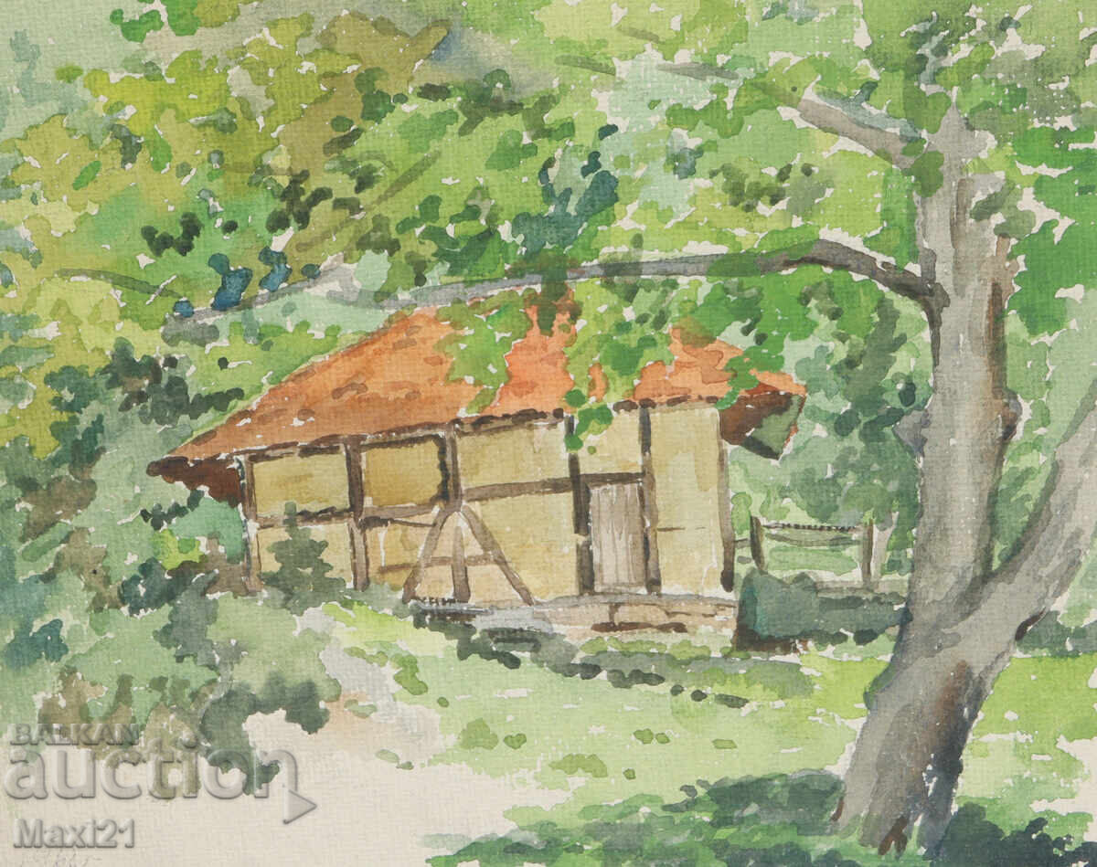 Δημοπρασία Ακουαρέλα ζωγραφιά αγροικία τοπίο