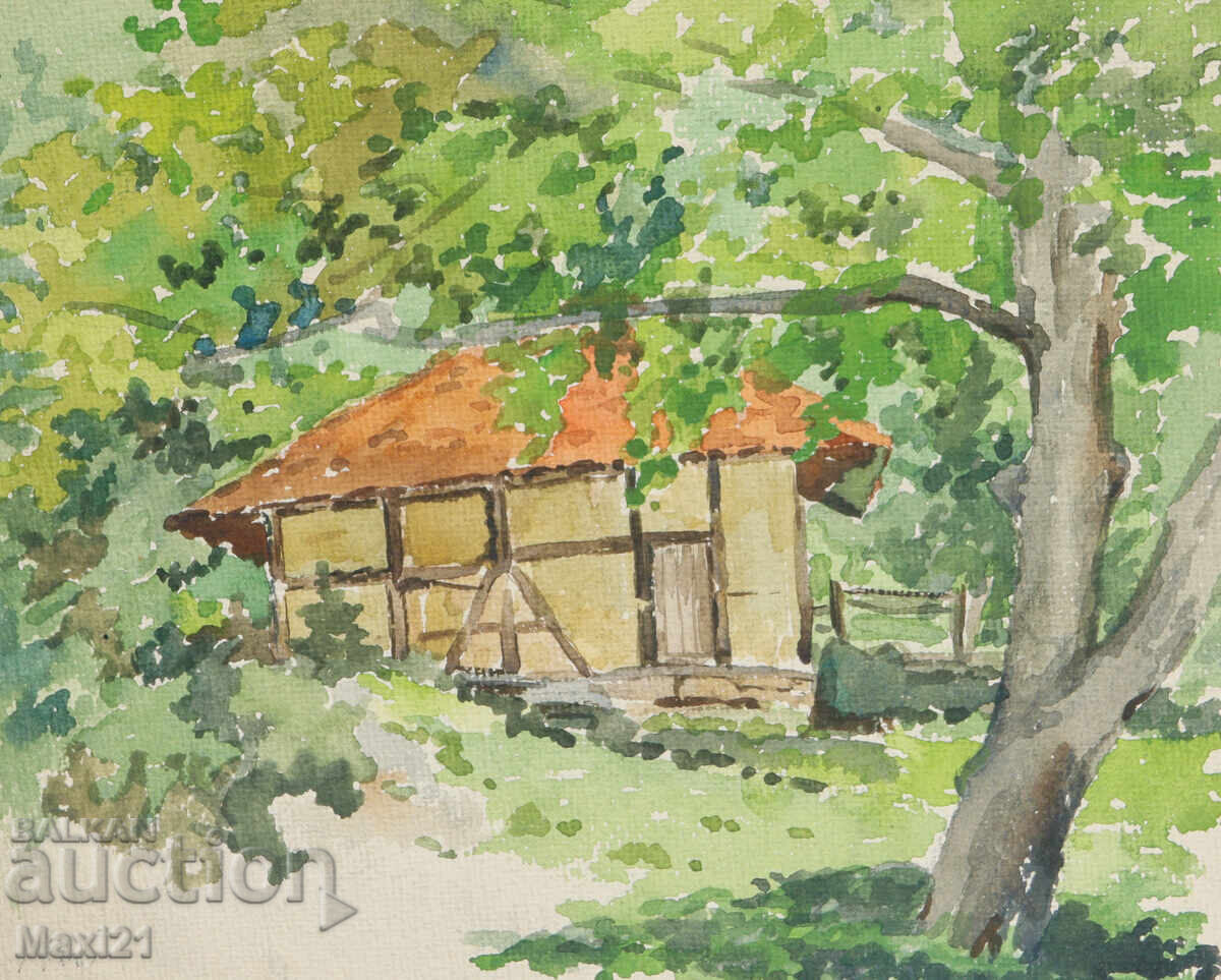 Ακουαρέλα ζωγραφιά αγροικία τοπίο