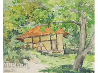 Картина акварел селска къща пейзаж