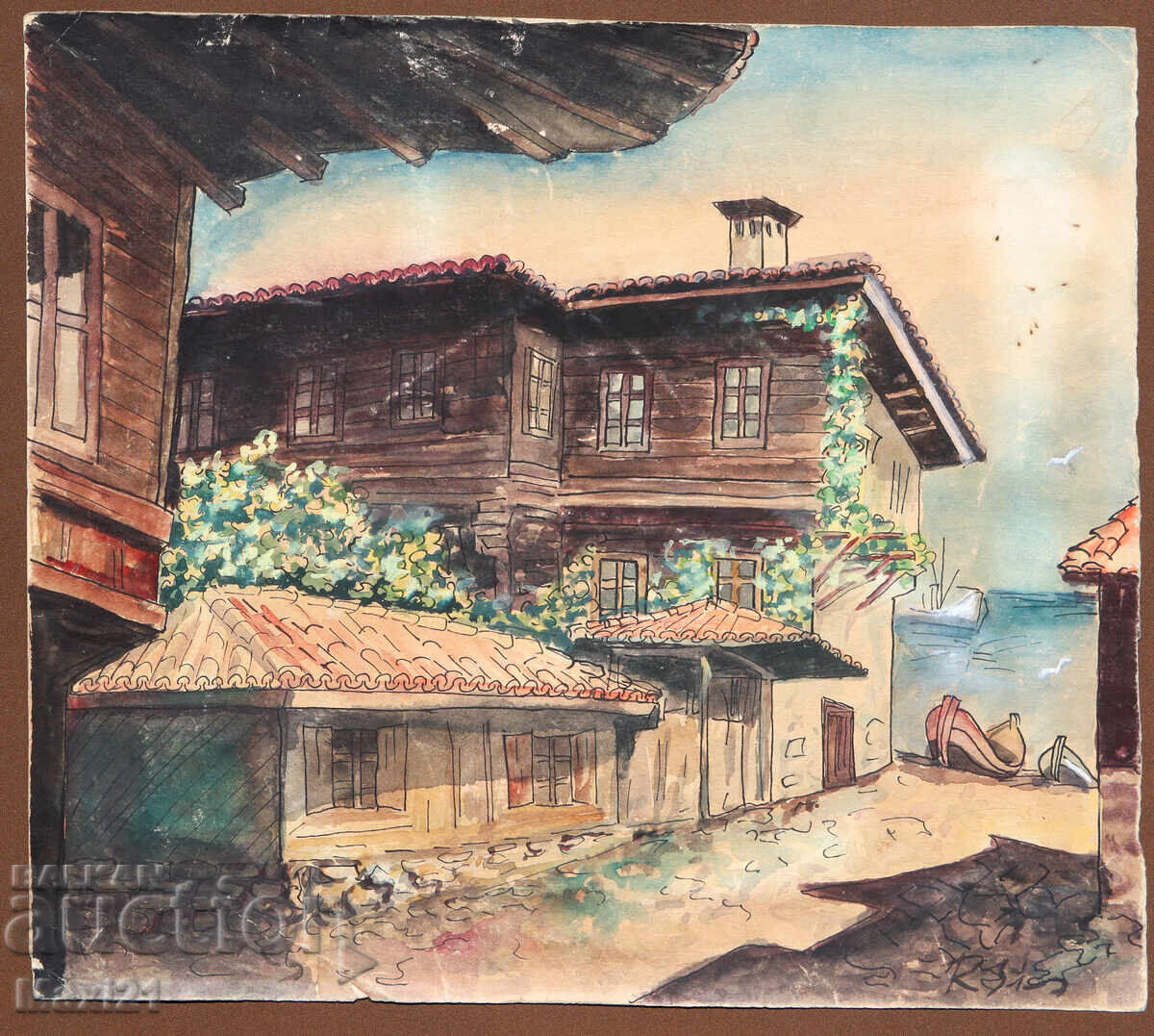 Ακουαρέλα θαλασσογραφία με αναγεννησιακά σπίτια με τιμή 140.00 BGN | € 71.58