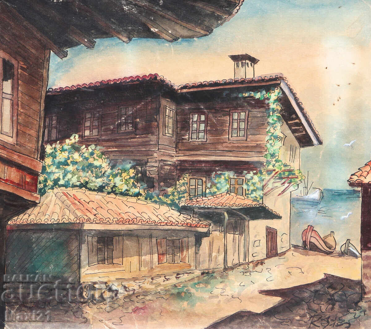 Δημοπρασία Ακουαρέλα θαλασσογραφία με αναγεννησιακά σπίτια