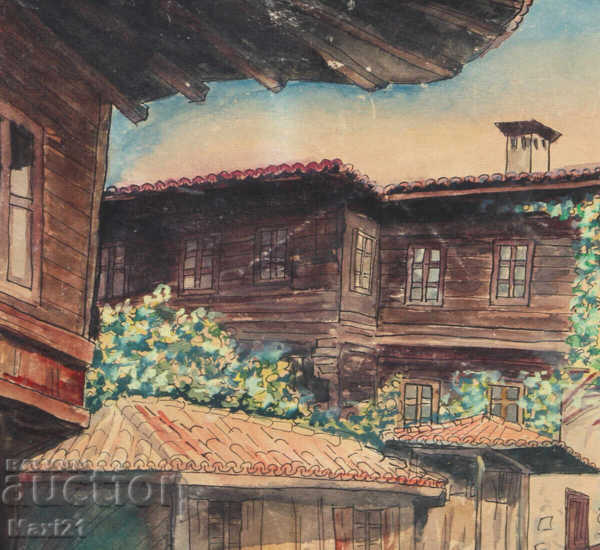 Παράδοση Ακουαρέλα θαλασσογραφία με αναγεννησιακά σπίτια