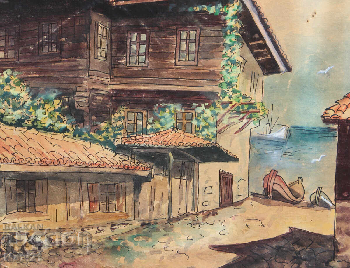 Ακουαρέλα θαλασσογραφία με αναγεννησιακά σπίτια - 5