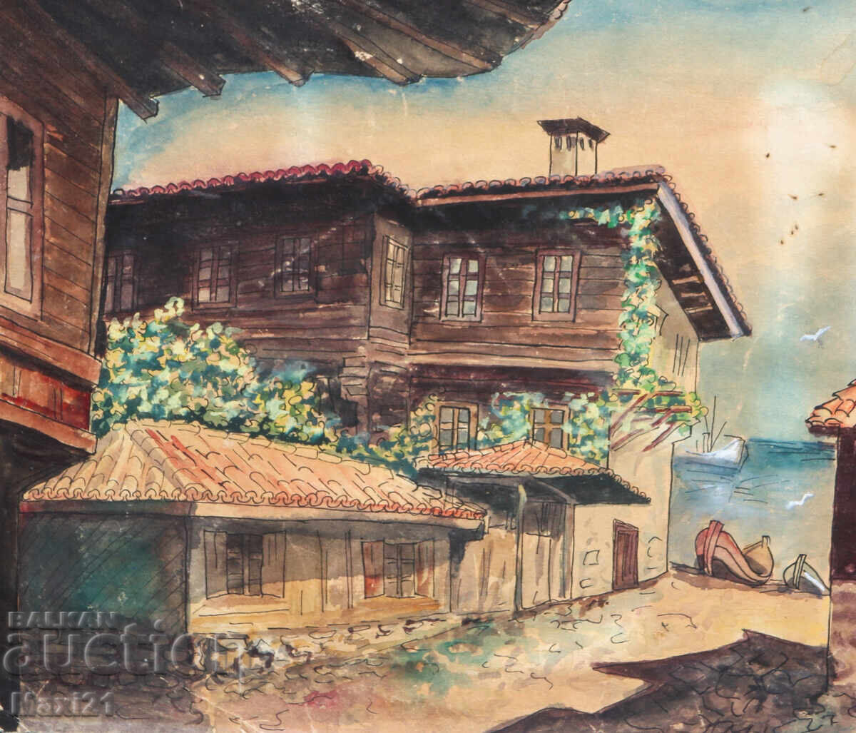 Ακουαρέλα θαλασσογραφία με αναγεννησιακά σπίτια