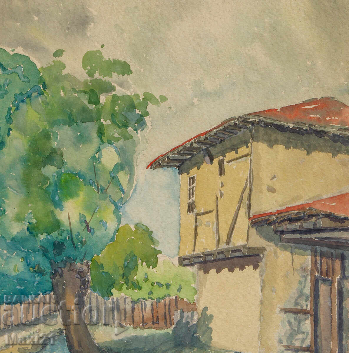 Παράδοση Ακουαρέλα ζωγραφιά, αγροτικό τοπίο, αγροτικό σπίτι