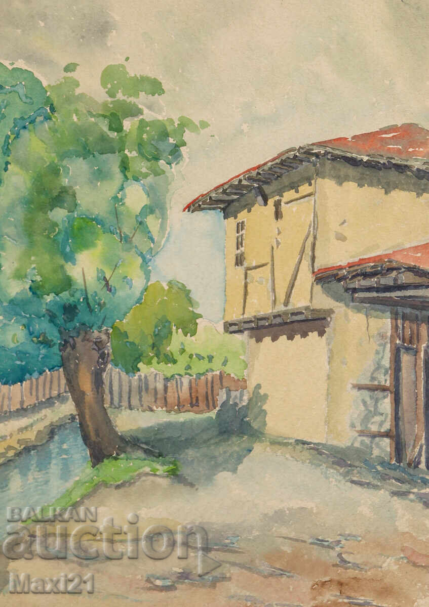 Ακουαρέλα ζωγραφιά, αγροτικό τοπίο, αγροτικό σπίτι