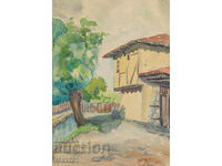 Ακουαρέλα ζωγραφιά, αγροτικό τοπίο, αγροτικό σπίτι